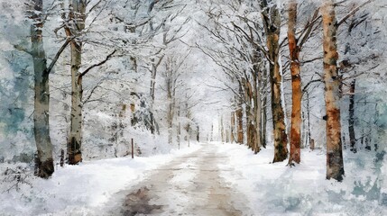 Obraz premium Enchanting snowy path through serene winter forest landscape painting snowy