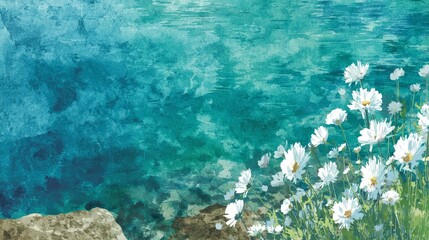 Vibrant floral painting, rocks and blossoms in serene waterscape serene