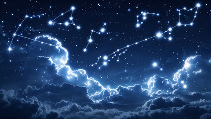 Stunning night sky with bright constellations glowing amongst the fluffy clouds