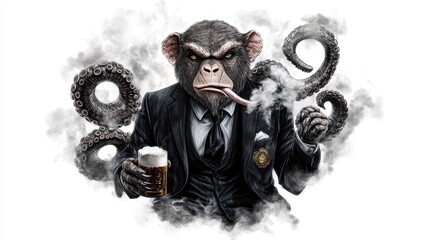 A humorous illustration of a monkey in a suit enjoying a drink and smoking.