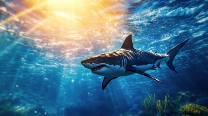 A majestic shark glides gracefully through the vibrant underwater world.
