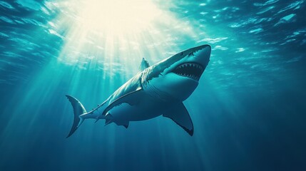 A majestic shark swimming gracefully in blue ocean waters beneath bright sunlight.