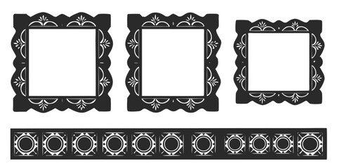 Three decorative square frames with floral accents and a patterned border strip below them all in black