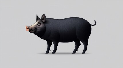 A playful and adorable cartoon black pig standing on a neutral background.