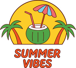 Summer vibes coconut drink with palm trees and umbrella