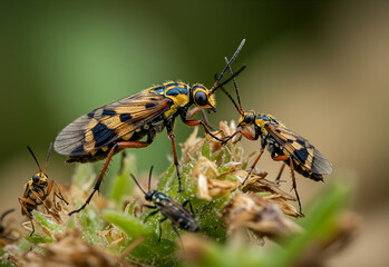 Engaging Macro: Sawfly Colony Interaction on Green Plant with Diverse Insects - detailed