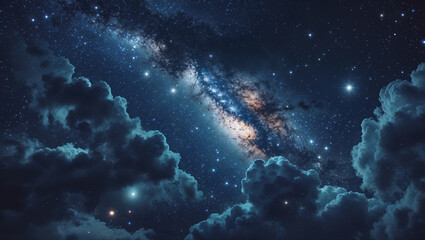 Stunning night sky with milky way galaxy and dark moody clouds illustration