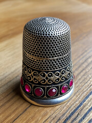 antique sewing thimble with art and ruby