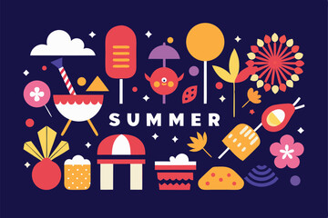 Bright and playful summer graphic design with colorful elements and a navy blue background