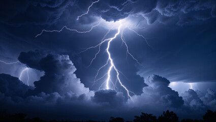 Stunning view of a powerful lightning strike illuminating dark storm clouds in the night sky