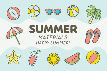 Colorful illustrated summer elements with beach balls sunglasses and refreshing drinks for summer fun