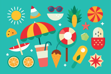 Colorful summer elements collection with various beach vacation icons and symbols
