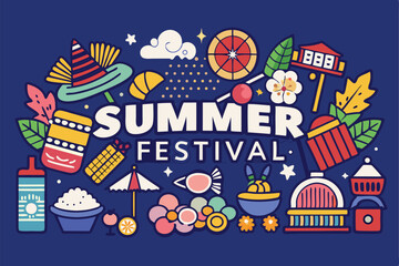 Colorful summer festival illustration with decorative elements and festive illustrations on blue background
