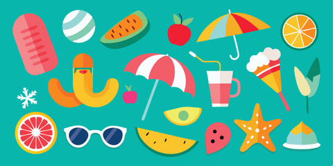 Colorful summer icon set featuring beach elements and refreshing foods on teal background