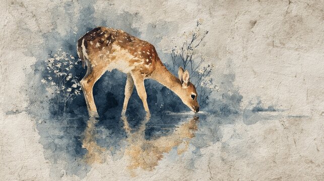 Majestic deer drinking from tranquil pond in the heart of nature's serenity serene