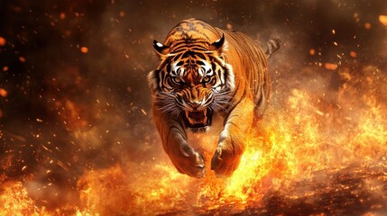 A powerful tiger charging through flames in a dramatic and fierce display of strength.
