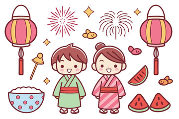 Cute cartoon illustration of japanese summer festival characters and decorations