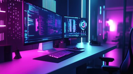Neon-lit programmer's workspace with dual monitors displaying code and data visualizations.