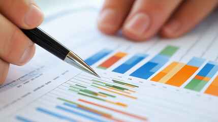 hand with pen and business chart showing financial success at the stock