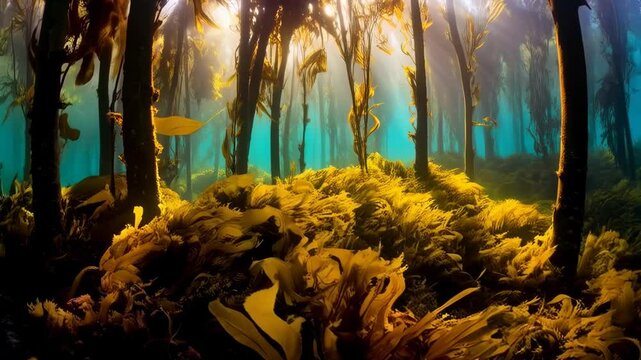 Underwater forest scene with sunbeams filtering through water and kelp, vibrant aquatic environment with golden brown seaweed and dark tree trunks.
