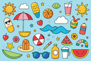 Fun summer icons collection featuring sun clouds watermelon drinks sunglasses and beach items