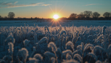 Sunrise over a winter frost covered field with frozen grass and sun flare