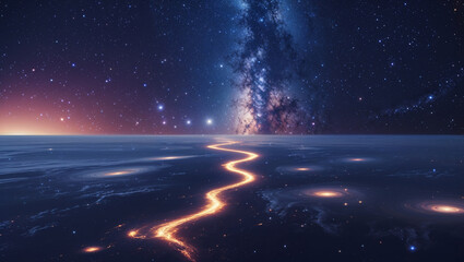 The cosmic river flows through a starry galaxy and interstellar space with nebulae
