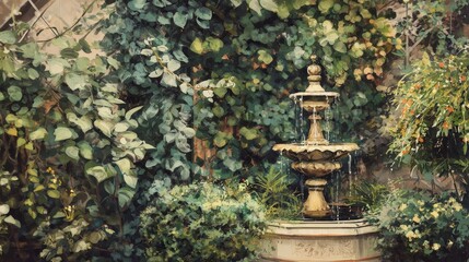 Fototapeta premium Serene garden fountain oasis, tranquil escape with lush greenery and flowing water