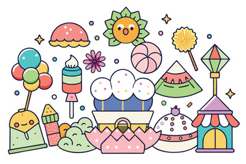 Whimsical and colorful collection of cartoon elements featuring sweets and festive decorations