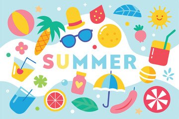 Vibrant summer icons and text illustration in a colorful cartoonish style