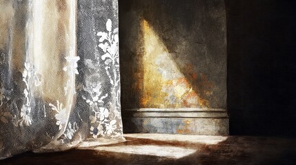 Captivating painting of window with flowing curtain, glimpse into elegance elegant