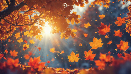 Vibrant autumn scene sunlight through orange and yellow falling maple leaves