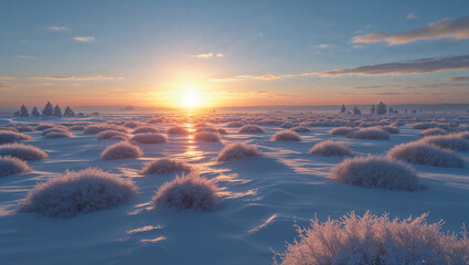 Winter landscape featuring snowy bushes and a sunrise with soft pastel colors
