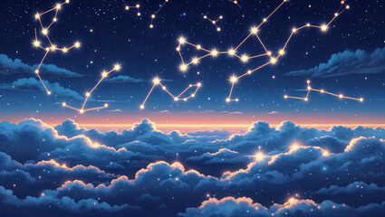 A beautiful night sky depicting constellations above a sea of fluffy clouds at sunset