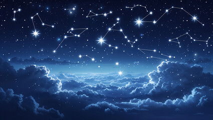 A beautiful night sky depicting constellations with fluffy clouds above in deep blue