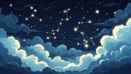A beautiful night sky featuring constellations and fluffy clouds with shimmering stars above