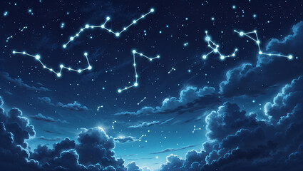 A beautiful night sky illustrating glowing constellations amongst fluffy clouds and stars