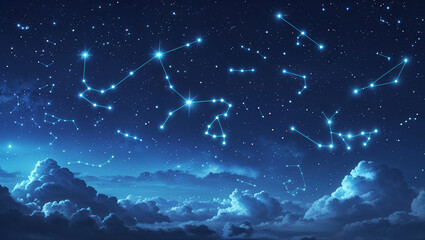 A beautiful night sky illustrating star constellations illuminated above the clouds in blue tones