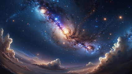 A breathtaking perspective of a spiral galaxy and vast universe with illuminated clouds