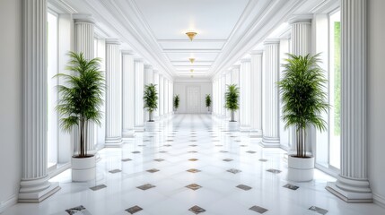 Fototapeta premium Elegant corridor with white marble floors and lush green plants adorning the space.
