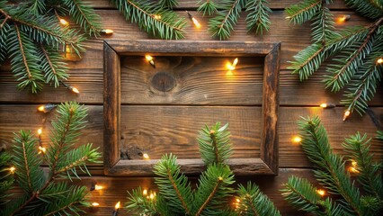 Rustic wooden background with evergreen branches, warm string lights, and an empty frame for your winter message