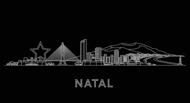Natal Brazil Skyline White Outline on Black.
