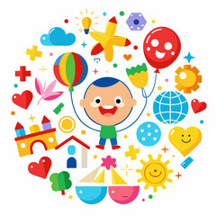 Fototapeta premium Colorful Universal Children’s Day Vector with Toys and Symbols on White Background