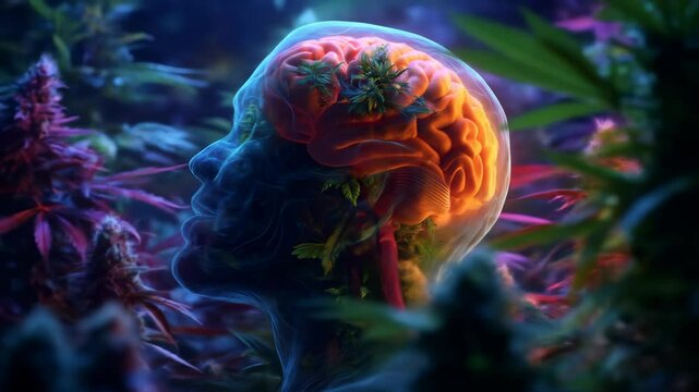 Glowing brain inside human head profile with cannabis plants. Medical marijuana benefits and hallucinogenic effect concept footage.