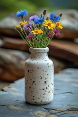 Charming and vibrant wildflowers arranged in a rustic vase add unique character to any indoor space