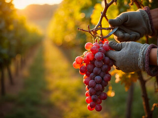 Close-up of gloved hands harvesting grapes in vineyard at sunset
