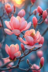 Delicate Magnolia Blossoms Bathed in the Gentle Softness of Beautiful Morning Light