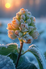 Frosty Flower Bud at Sunrise with its captivating beauty creating an aesthetic moment