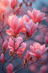 Magnificent blooming magnolias radiate softly in the pleasant spring light of day