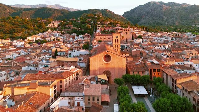 Aerial view of the picturesque town of Pollensa in Mallorca, Spain.
